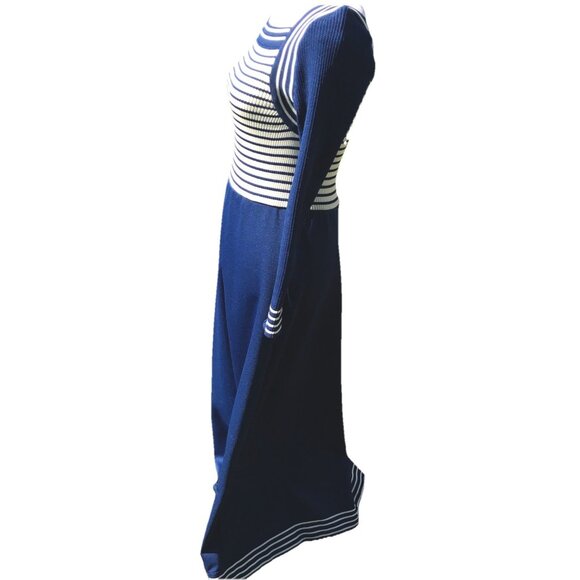 Vtg 60s 70s Giamo Knits Mod Navy Blue Striped Knit Maxi Sailor Sweater Dress USA - Picture 4 of 16